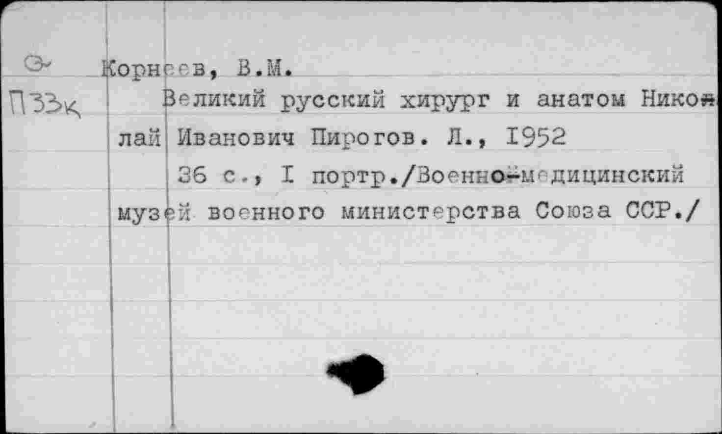 ﻿^Сорнрев, В.М.
Великий русский хирург и анатом Никой лай Иванович Пирогов. Л., 1952
36 с-, I портр./Военно-медицинский музей военного министерства Союза ССР./